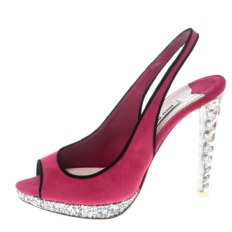 Pre-owned Miu Miu Pink Suede Crystal Embellished Heel Gliiter Platform Peep Toe Slingback Sandals Size 37.5