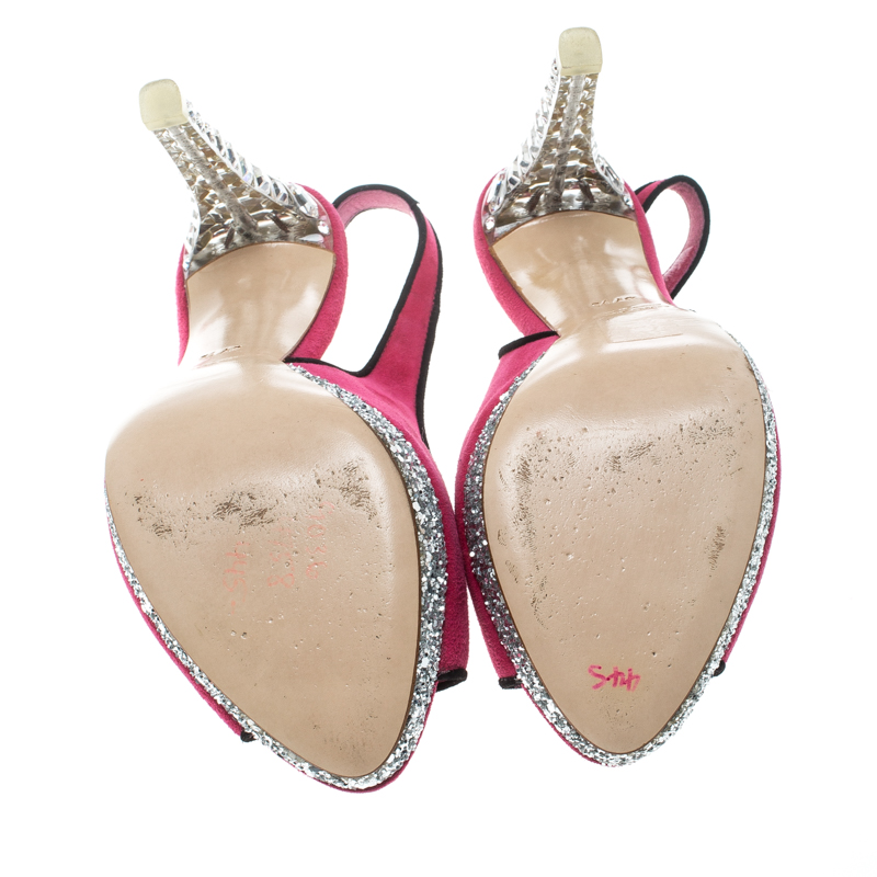 Pre-owned Miu Miu Pink Suede Crystal Embellished Heel Gliiter Platform Peep Toe Slingback Sandals Size 37.5