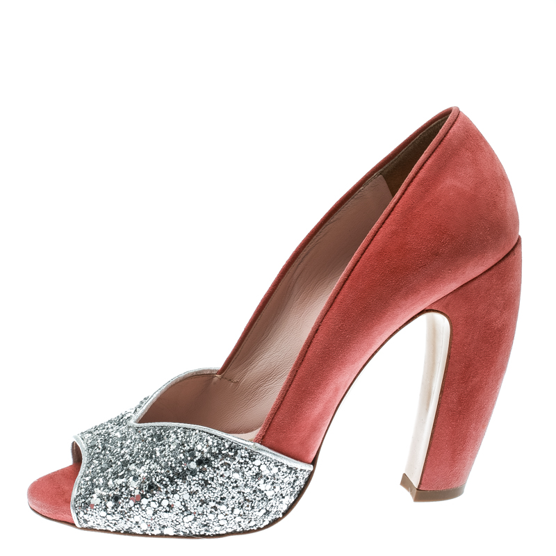 

Miu Miu Silver/Pink Coarse Glitter and Suede Peep Toe Pumps Size