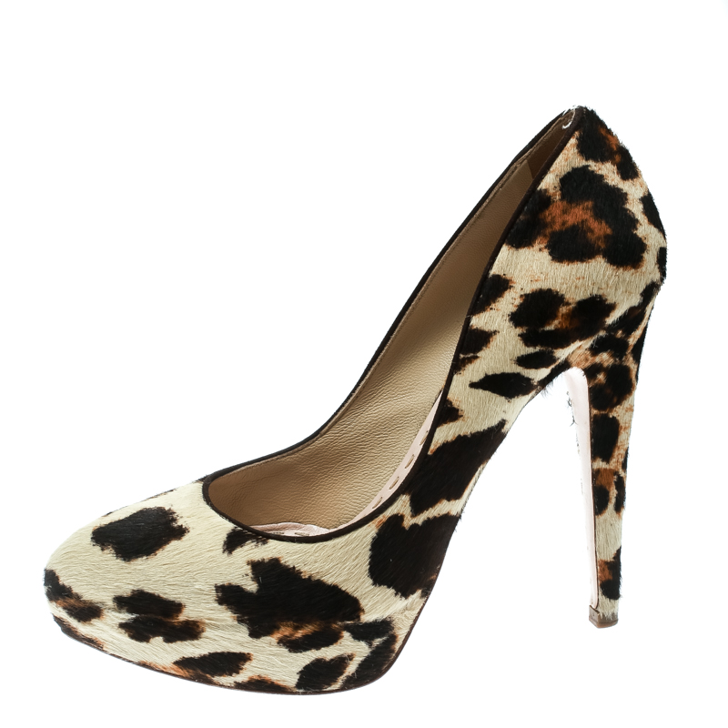 

Miu Miu Beige/Black Leopard Print Pony Hair Platform Pumps Size