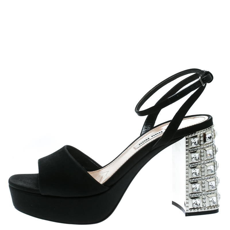 

Miu Miu Black Satin Crystal Embellished Block Heel Ankle Strap Sandals Size