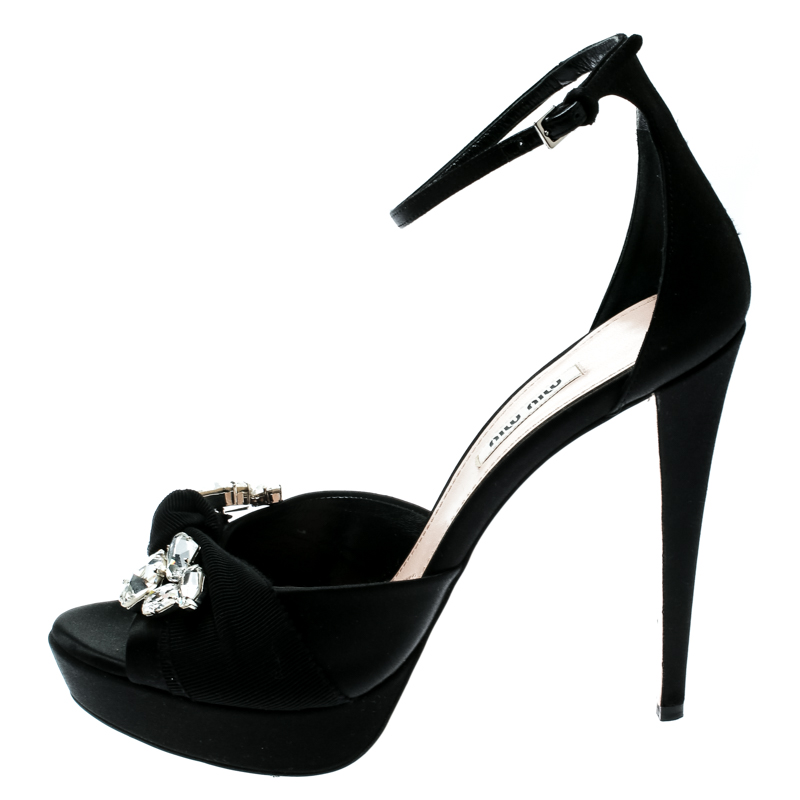 

Miu Miu Black Satin Crystal Embellished Ribbon platform Sandals Size