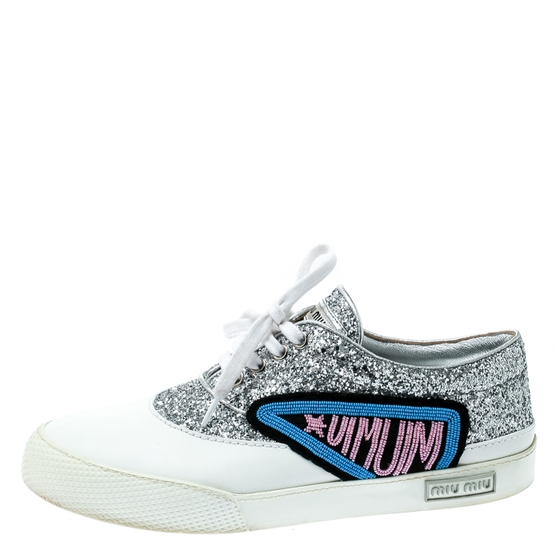 

Miu Miu Silver/White Glitter Beaded Lace Up Sneakers Size