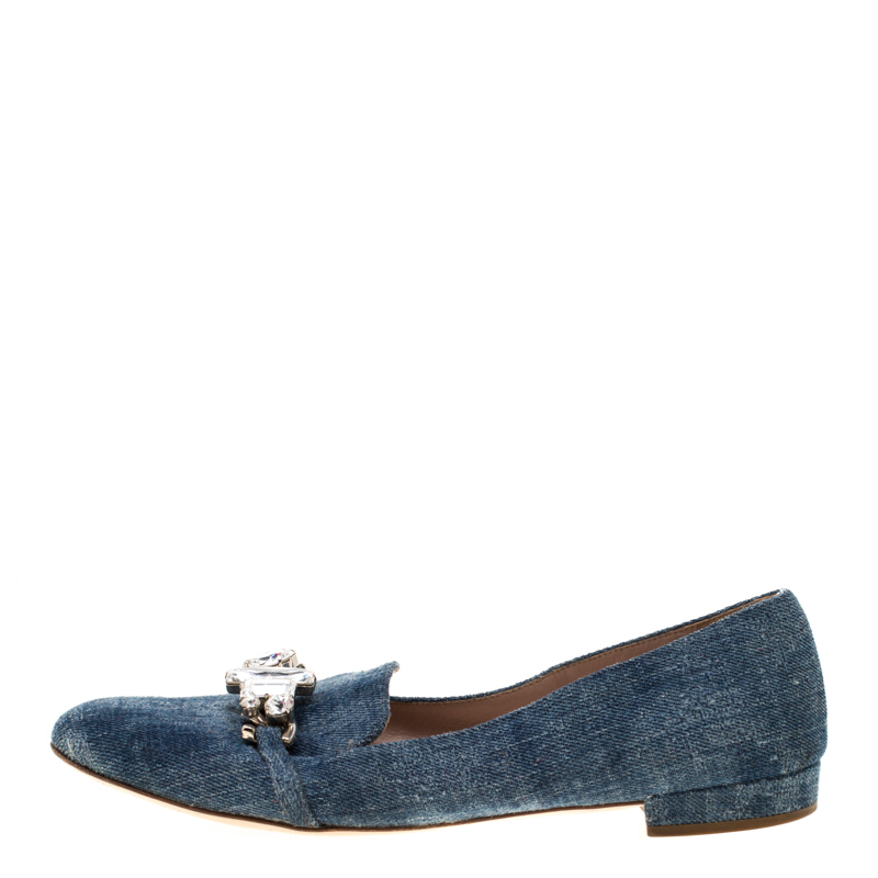 

Miu Miu Blue Light Wash Denim Crystal Embellished Flats Size