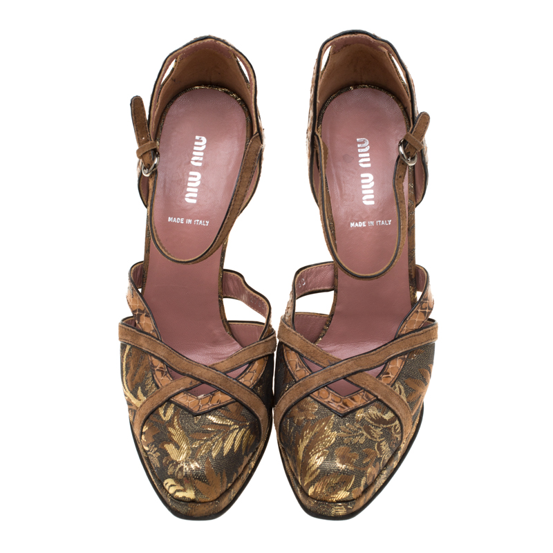 Pre-owned Miu Miu Metalllic Brown Brocade Fabric And Leather Trim Ankle Strap Platform Sandals Size 39