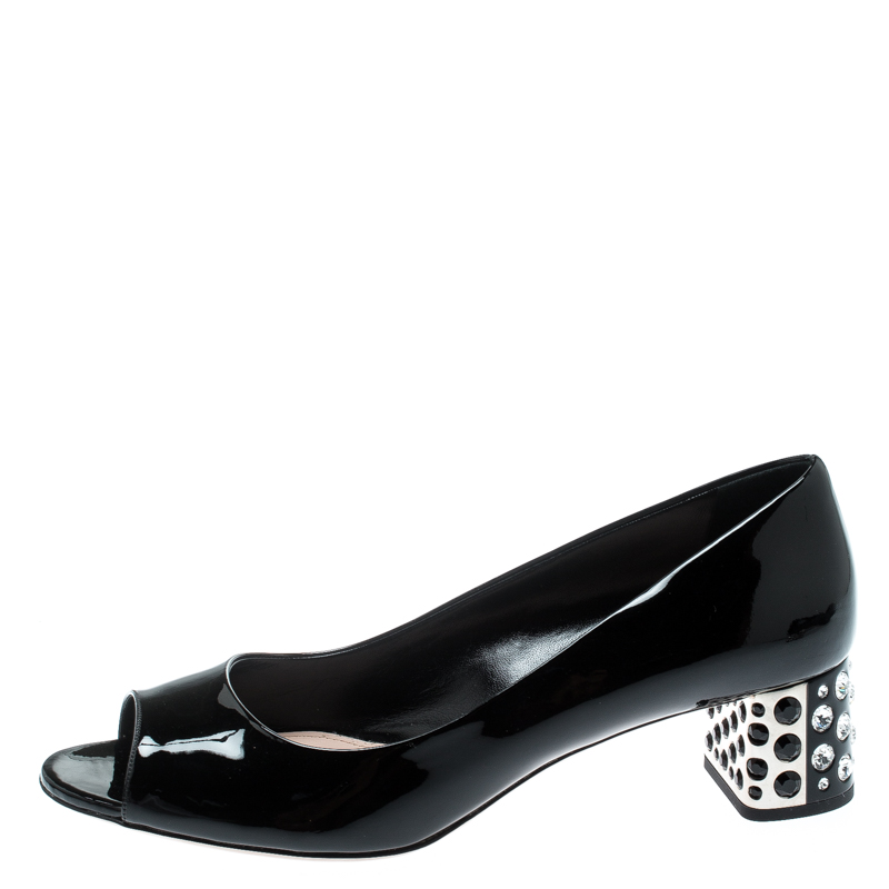 

Miu Miu Black Patent Leather Crystal Embellished Heel Peep Toe Pumps