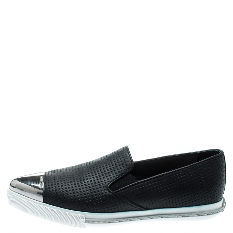

Miu Miu Black Perforated Leather Metal Cap Toe Pointed Toe Sneakers Size