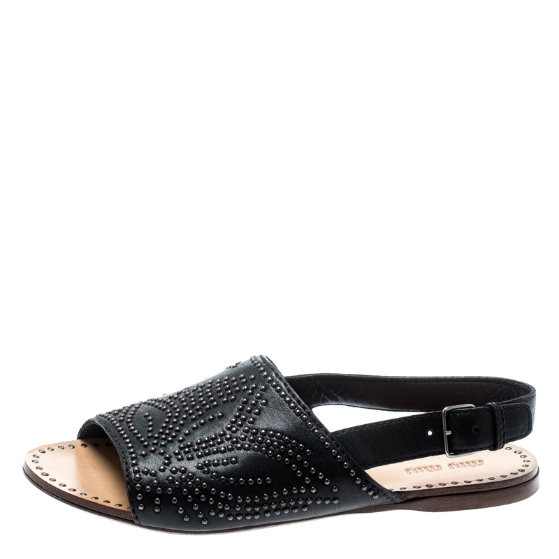 

Miu Miu Black Floral Studded Leather Slingback Flat Sandals Size
