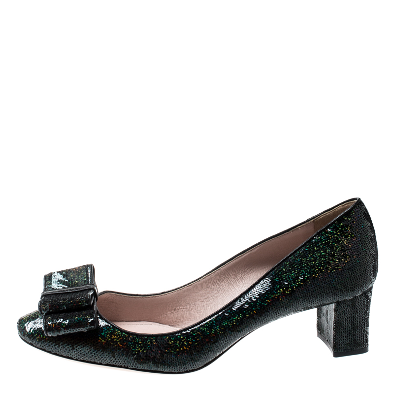 

Miu Miu Metallic Black Sequin Bow Pumps Size