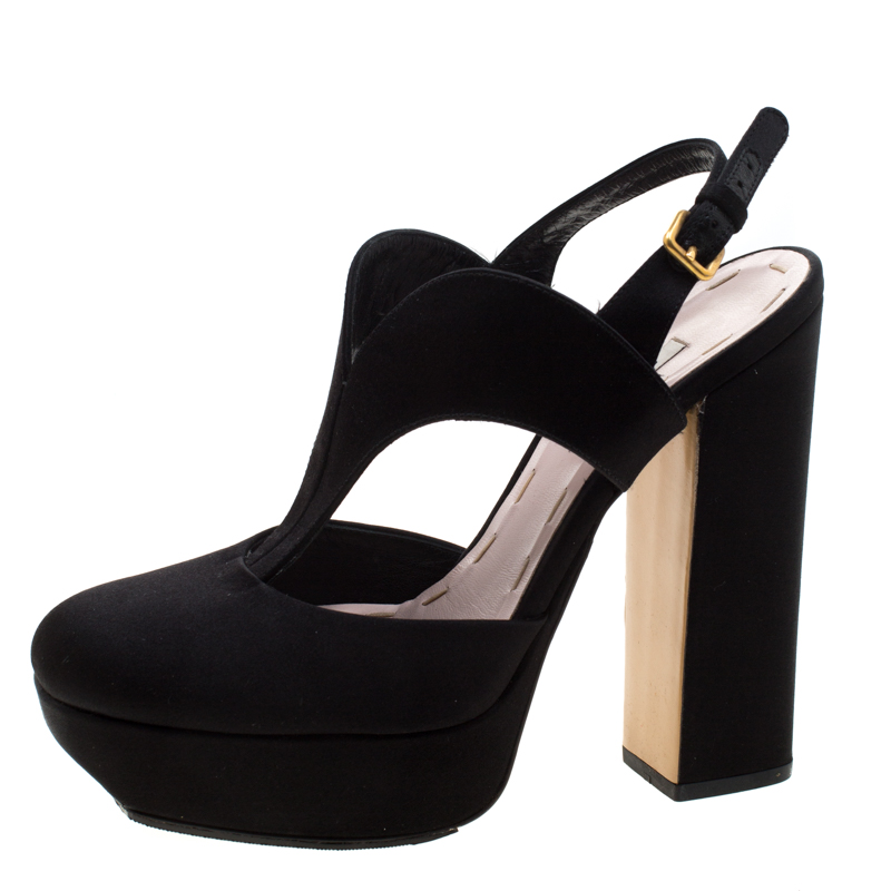 

Miu Miu Black Satin Block Heel Platform Slingback Sandals Size