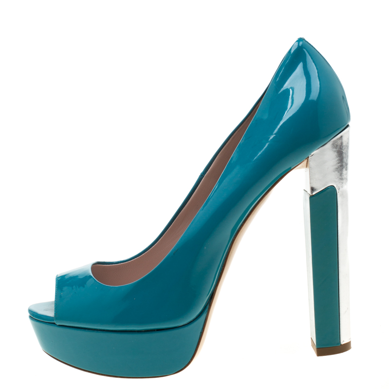

Miu Miu Blue Patent Leather Peep Toe Platform Pumps Size