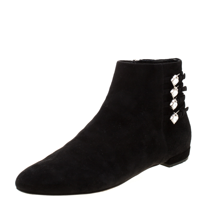 Miu Miu Black Suede Embellished Ankle Boots Size 38