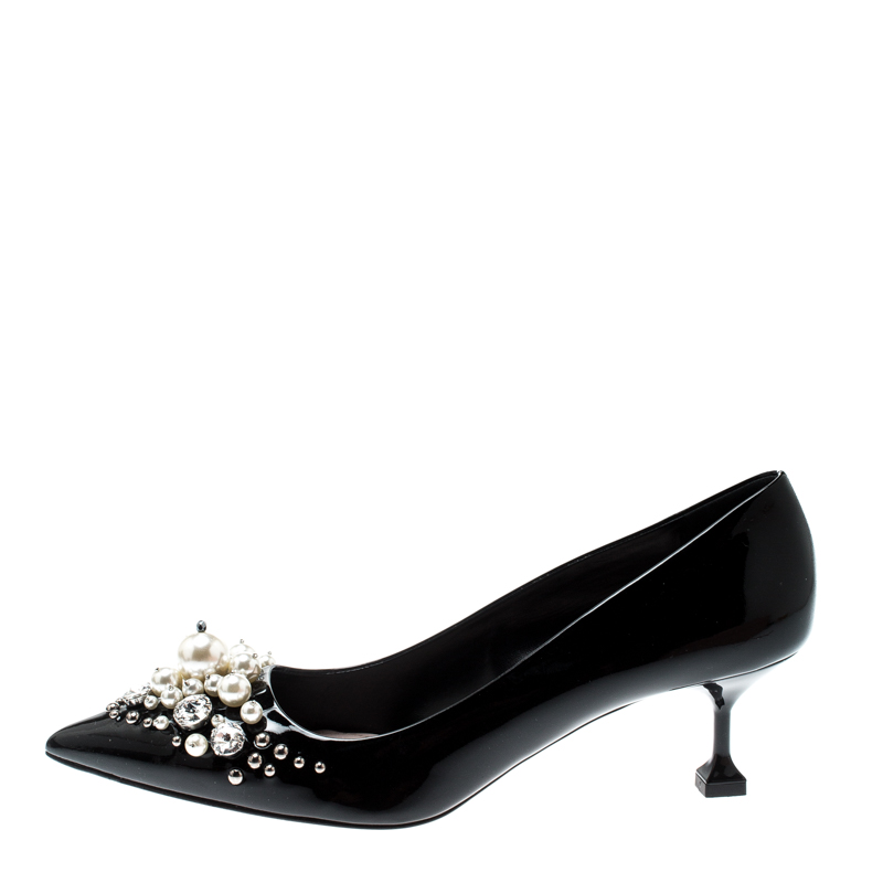 

Miu Miu Black Patent Leather Faux Pear And Crystal Embellished Pointed Toe Pumps Size