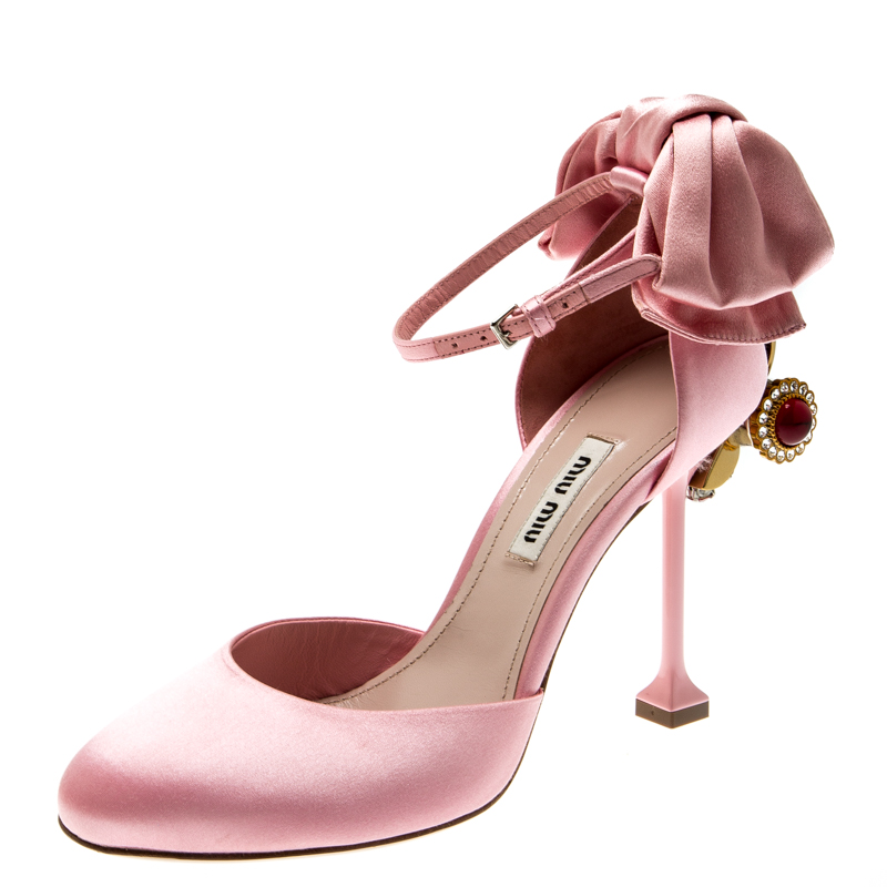 Miu Miu Pink Satin Crystal Embellished Heel Bow Ankle Strap Sandals Size 36