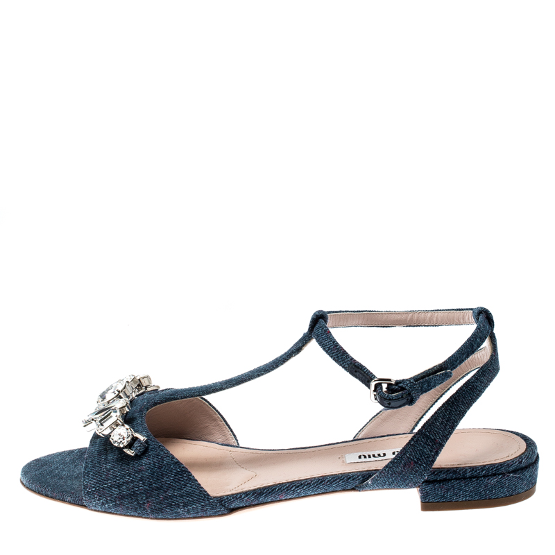 

Miu Miu Blue Denim Crystal Studded Flat Sandals Size