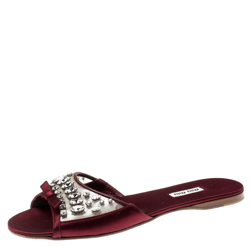 Pre Owned Miu Miu Burgundy Satin And PVC Crystal Embellished Flats Size 39.5