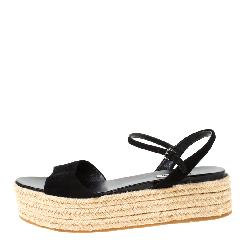 

Miu Miu Black Suede Espadrille Platform Flat Sandals Size