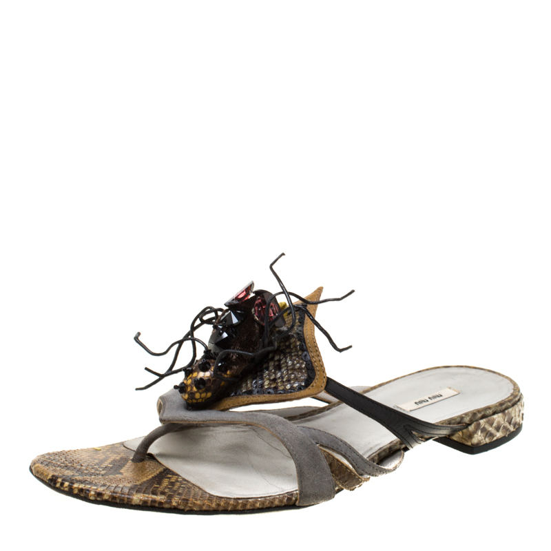 

Miu Miu Multicolor Python Leather And Suede Spider Embellished Flat Sandals Size