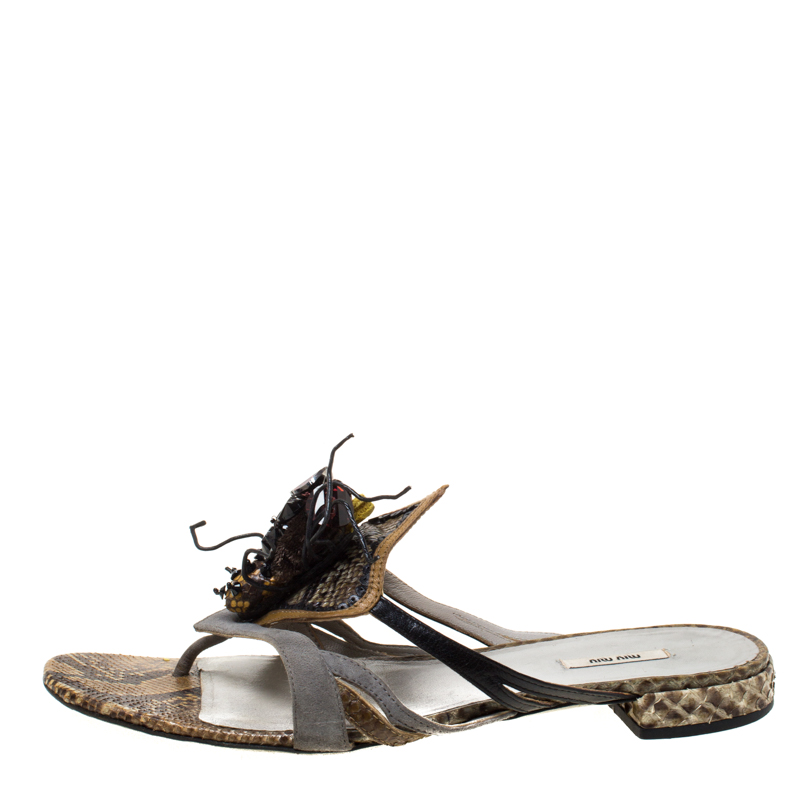 Pre-owned Miu Miu Multicolor Python Leather And Suede Spider Embellished Flat Sandals Size 37