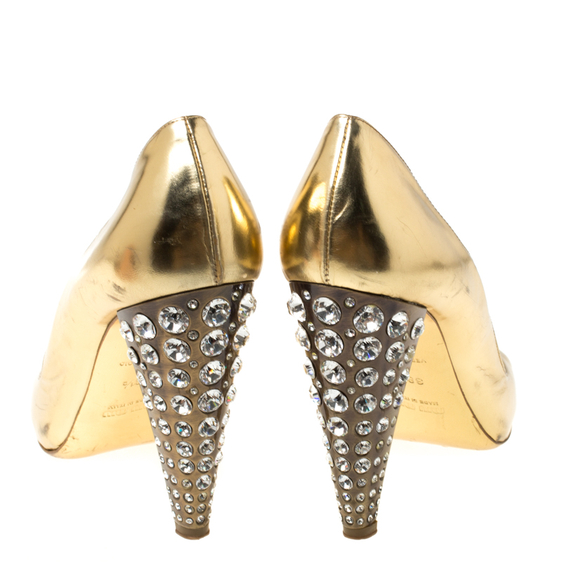 Pre-owned Miu Miu Gold Metallic Leather Crystal Embellished Heel Sandals Size 38.5