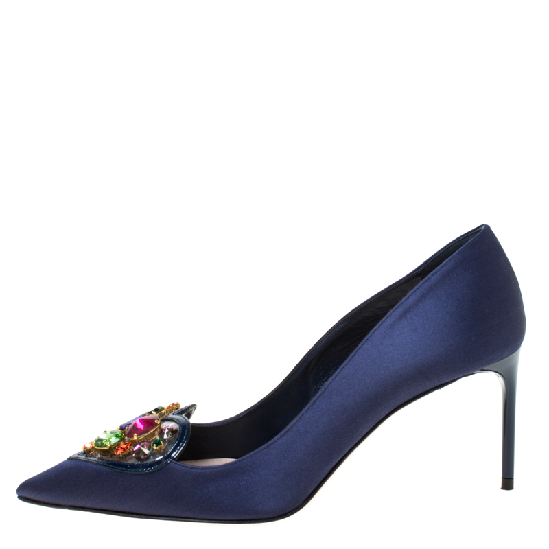 

Miu Miu Navy Blue Satin Crystal Embellished Heart Pointed Toe Pumps Size