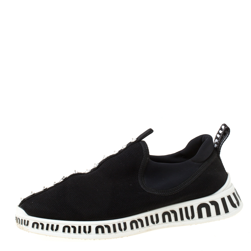 مملوكة مسبقًا Miu Miu Black Crystals Embellished Fabric Run Slip On Sneakers Size 38.5