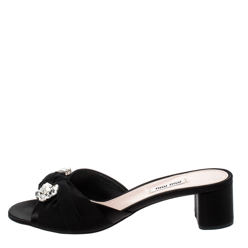 

Miu Miu Black Crsytal Embellished Satin and Canvas Slide Sandals Size