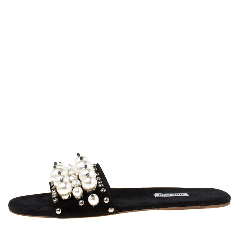 

Miu Miu Black Pearl Embellished Suede Slide Sandals Size