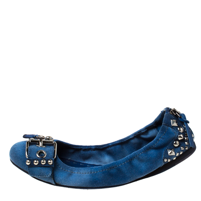 

Miu Miu Blue Denim Studded Buckle Ballerina Flats Size