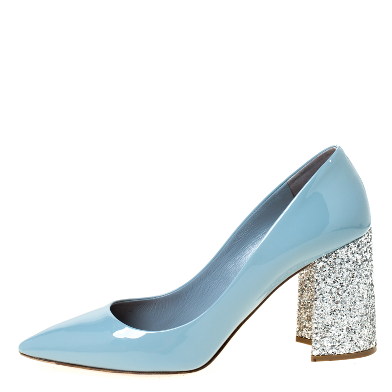 

Miu Miu Blue Patent Leather Glitter Heel Pointed Toe Pumps Size, Grey