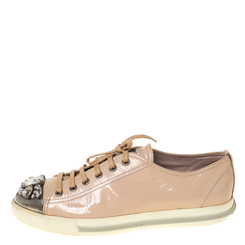 

Miu Miu Beige Patent Leather Crystal Embellished Cap Toe Lace Up Sneakers Size