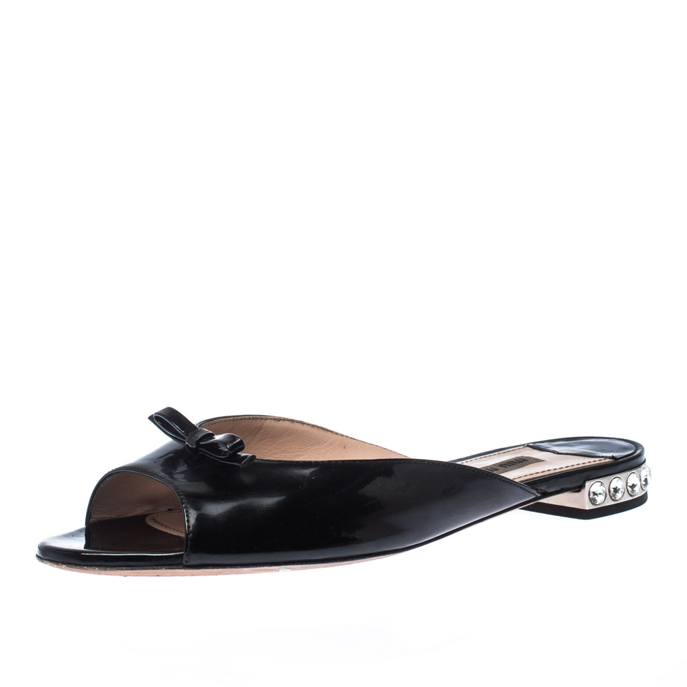 Miu Miu Black Patent Leather Crystal Embellished Flats Size 38.5