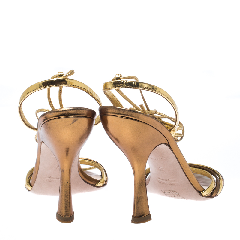 Pre-owned Miu Miu Metallic Gold Leather Ankle Wrap Sandals Size 38