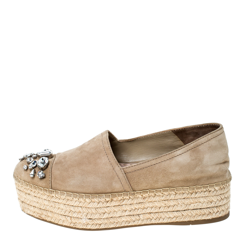 

Miu Miu Beige Nubuck Embellished Platform Espadrilles Flats Size