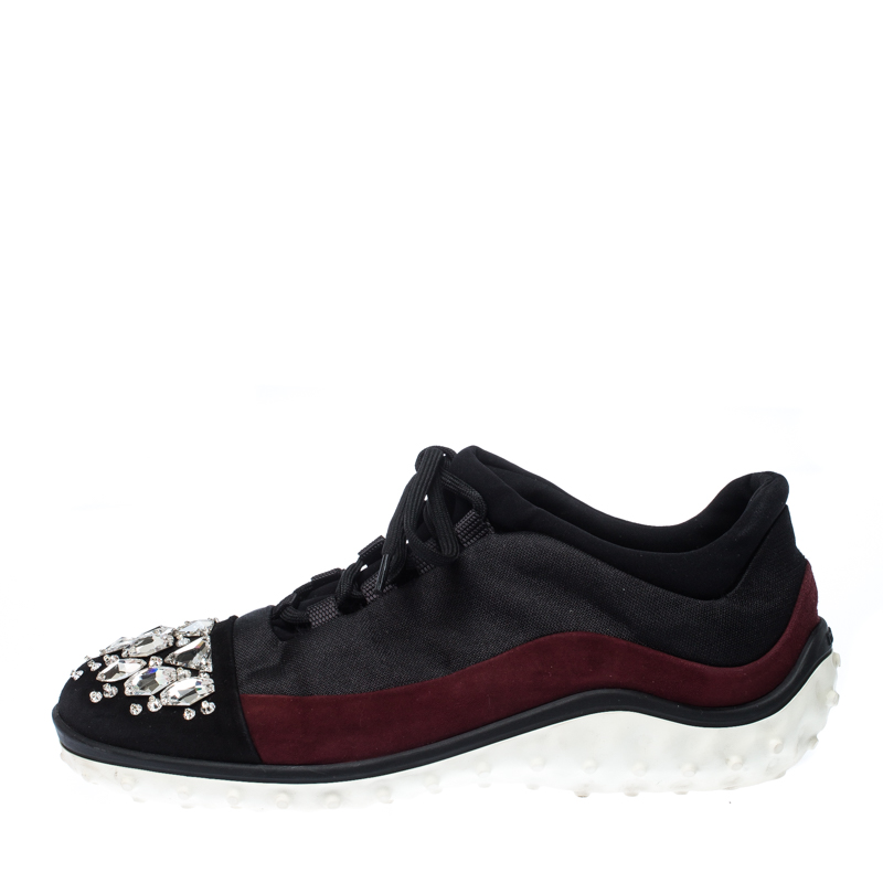 

Miu Miu Black/Maroon Fabric and Suede Jeweled Toe Sneakers Size