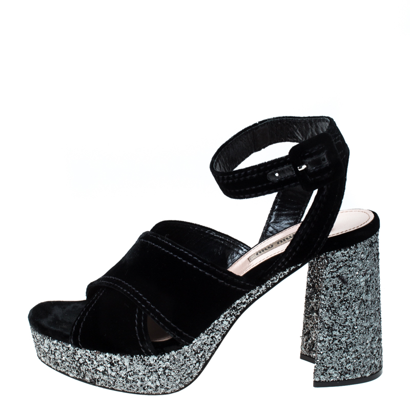 

Miu Miu Black Velvet And Glitter Heel Platform Ankle Strap Sandals Size