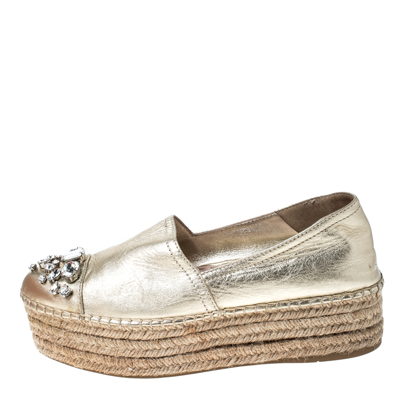 

Miu Miu Metallic Gold Leather Crystal Embellished Platform Flats Espadrille Size