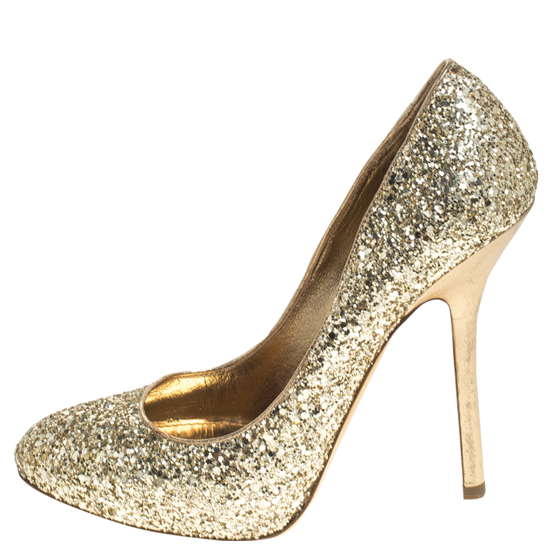 

Miu Miu Metallic Gold Coarse Glitter Platform Pumps Size