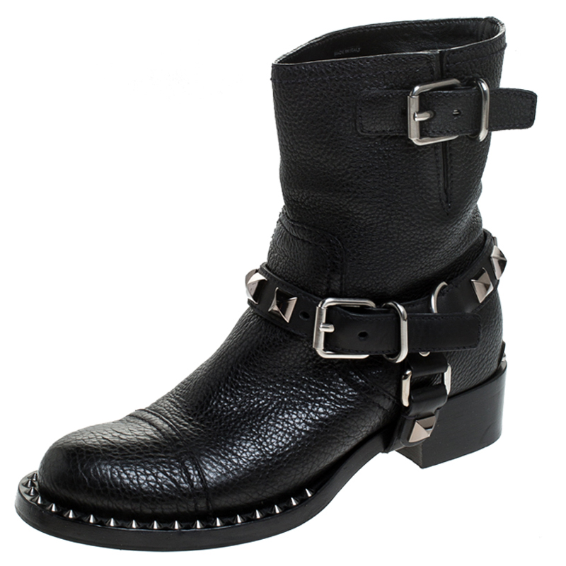 Miu Miu Black Leather Short Studded Motorcycle Boots Size 36.5