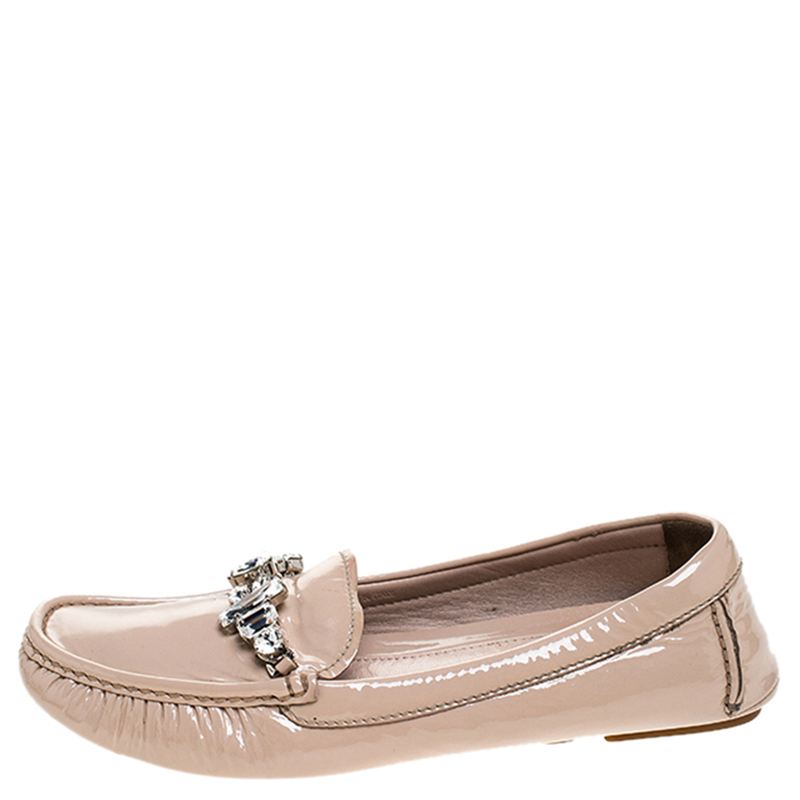 

Miu Miu Beige Patent Leather Embellished Loafers Size