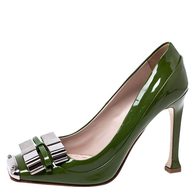 

Miu Miu Green Patent Leather Metal Square Toe And Bow Detail Pumps Size