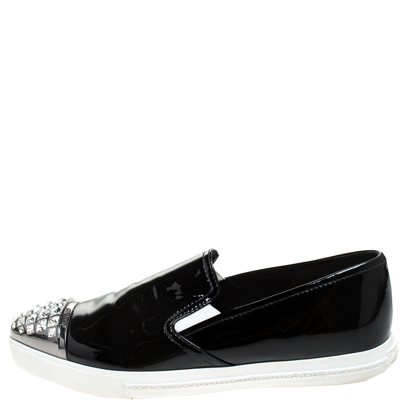 

Miu Miu Black Patent Leather Embellished Slip On Loafers Size