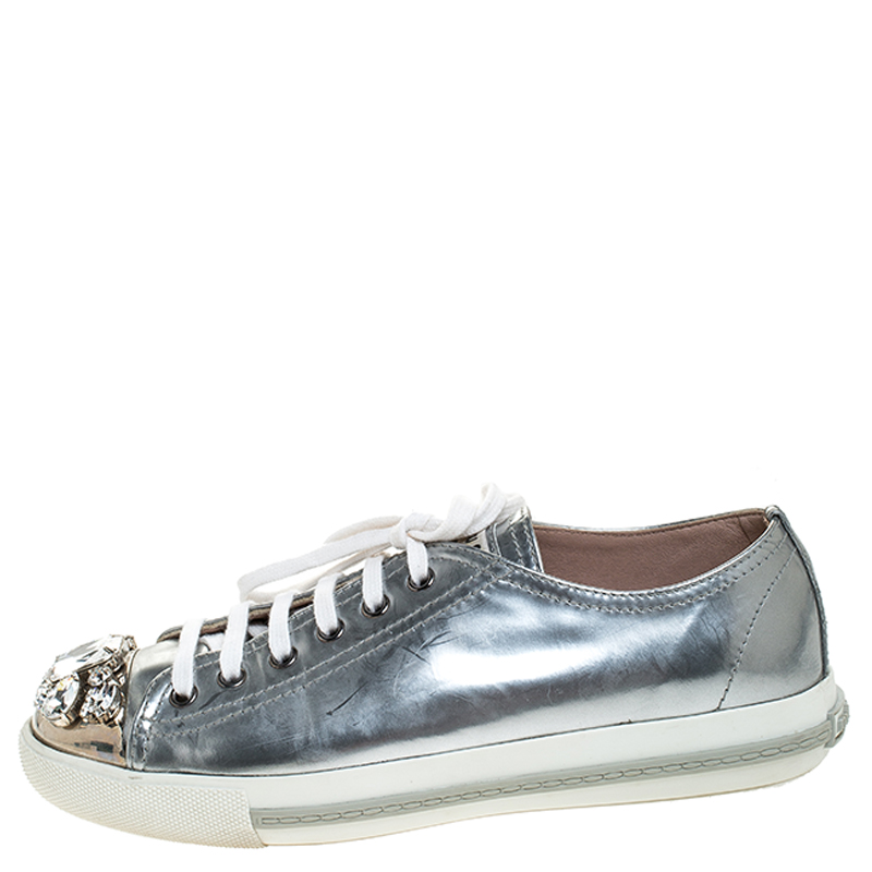 

Miu Miu Metallic Silver Leather Crystal Embellished Cap Toe Lace Up Sneakers Size