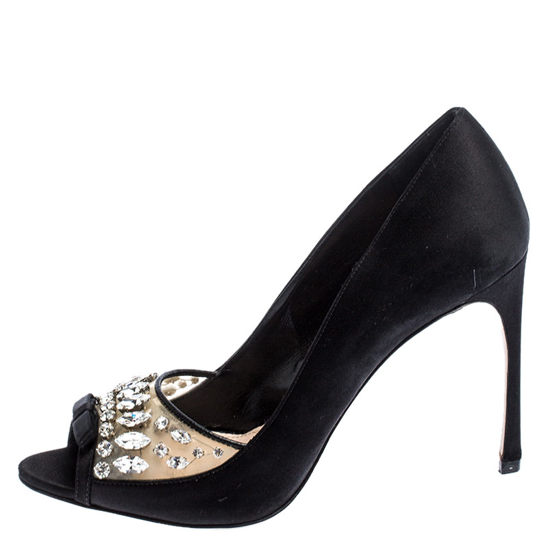 

Miu Miu Black Crystal Embellished PVC and Suede Peep Toe Pumps Size