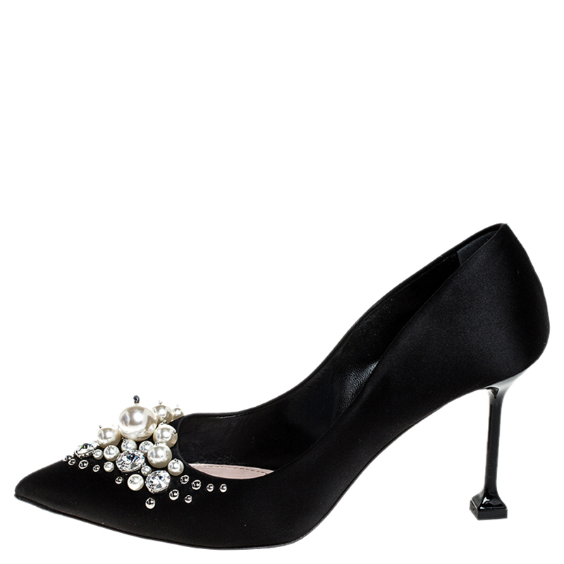

Miu Miu Black Pearl and Crystal Embellished Satin Pointed Toe Pumps Size