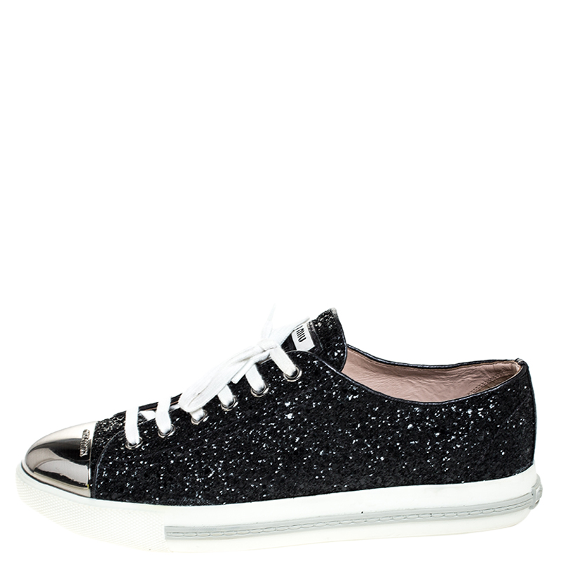 

Miu Miu Black Glitter And Metal Cap Toe Low Top Sneakers Size