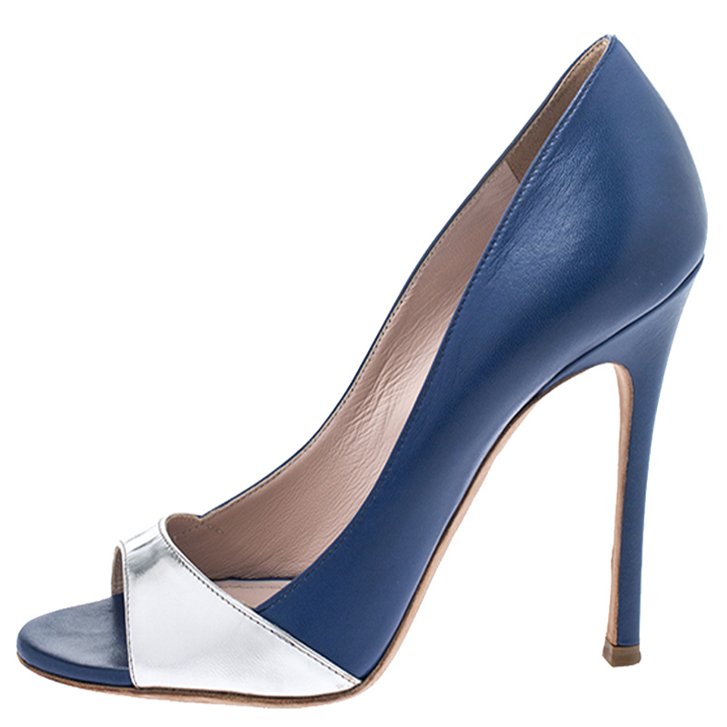 

Miu Miu Blue/Silver Leather Peep Toe Pumps Size