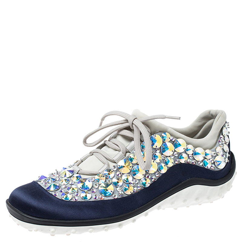 

Miu Miu Blue/Grey Embellished Satin and Mesh Astro Sneakers Size