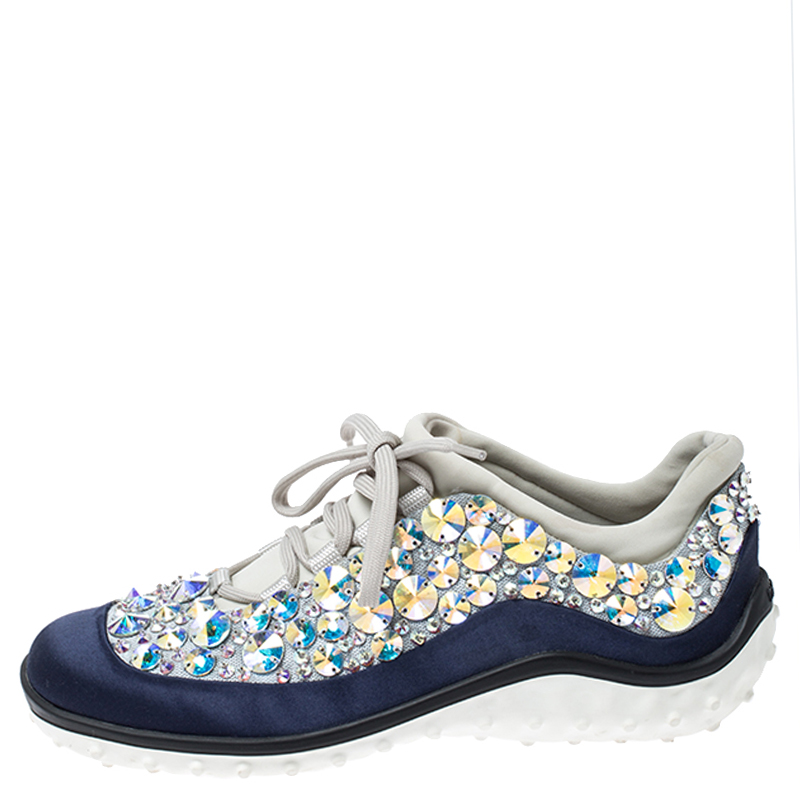 Pre-owned Miu Miu Blue/grey Embellished Satin And Mesh Astro Sneakers Size 35