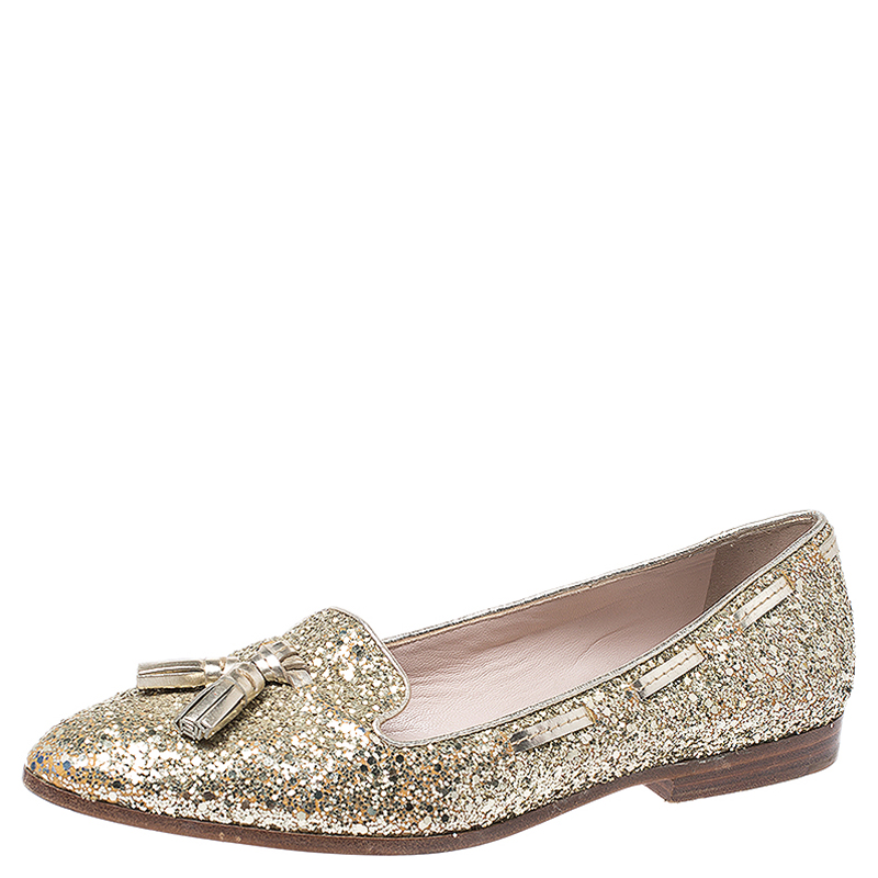 Miu Miu Gold Coarse Glitter Fabric And Leather Tassel Pointed Toe Flats Size 39.5